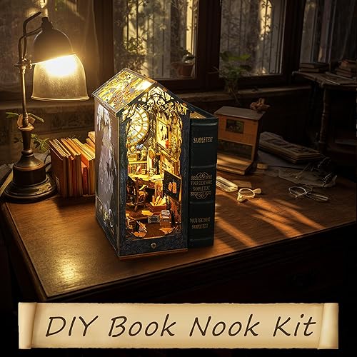Miniatura 8 de Kit de rincón de libros, rompecabezas 3D en miniatura de MOJINO DIY con sujetalibros de madera, casa de muñecas con luces LED para decoración de