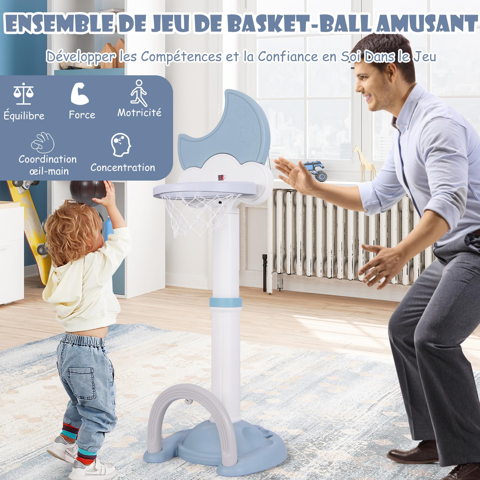 GOPLUS 4 en 1 Panier de Basket Enfants Réglable 114-152 cm, Effet Sonore de But, Tableau de Score Electronique en Forme de Lune, Football, Jeu de Golf, Anneaux, pour Intérieur Extérieur (Bleu)