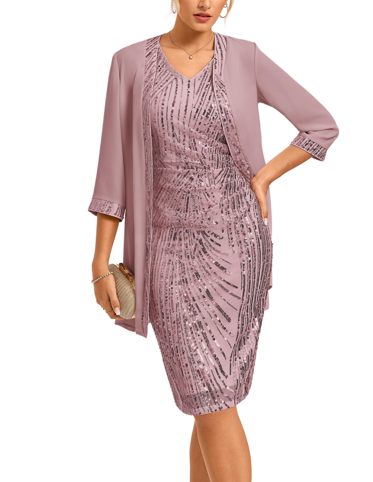 GRACE KARIN Abito da cocktail da donna, con scollo a V, senza maniche, con paillettes, con cardigan, due