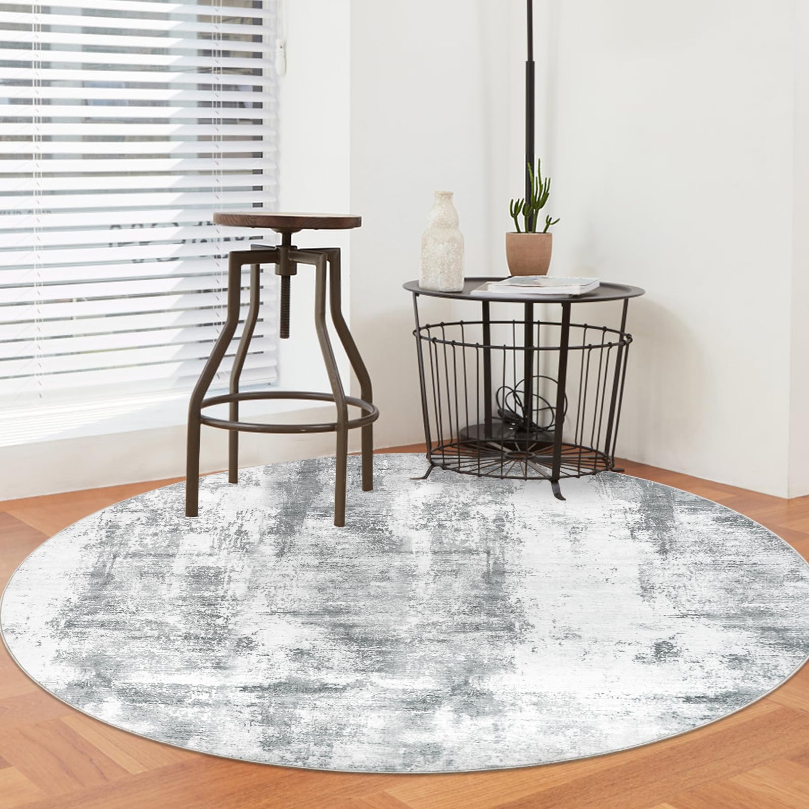 Famibay Rugs Living Room Round 150cm Modern Abstract Grey Washable Circle Rugs Bedroom Round Area Rug Short Pile 5mm Thin Anti Slip Carpet for Dining Room Kids Room Hallway - Image 2