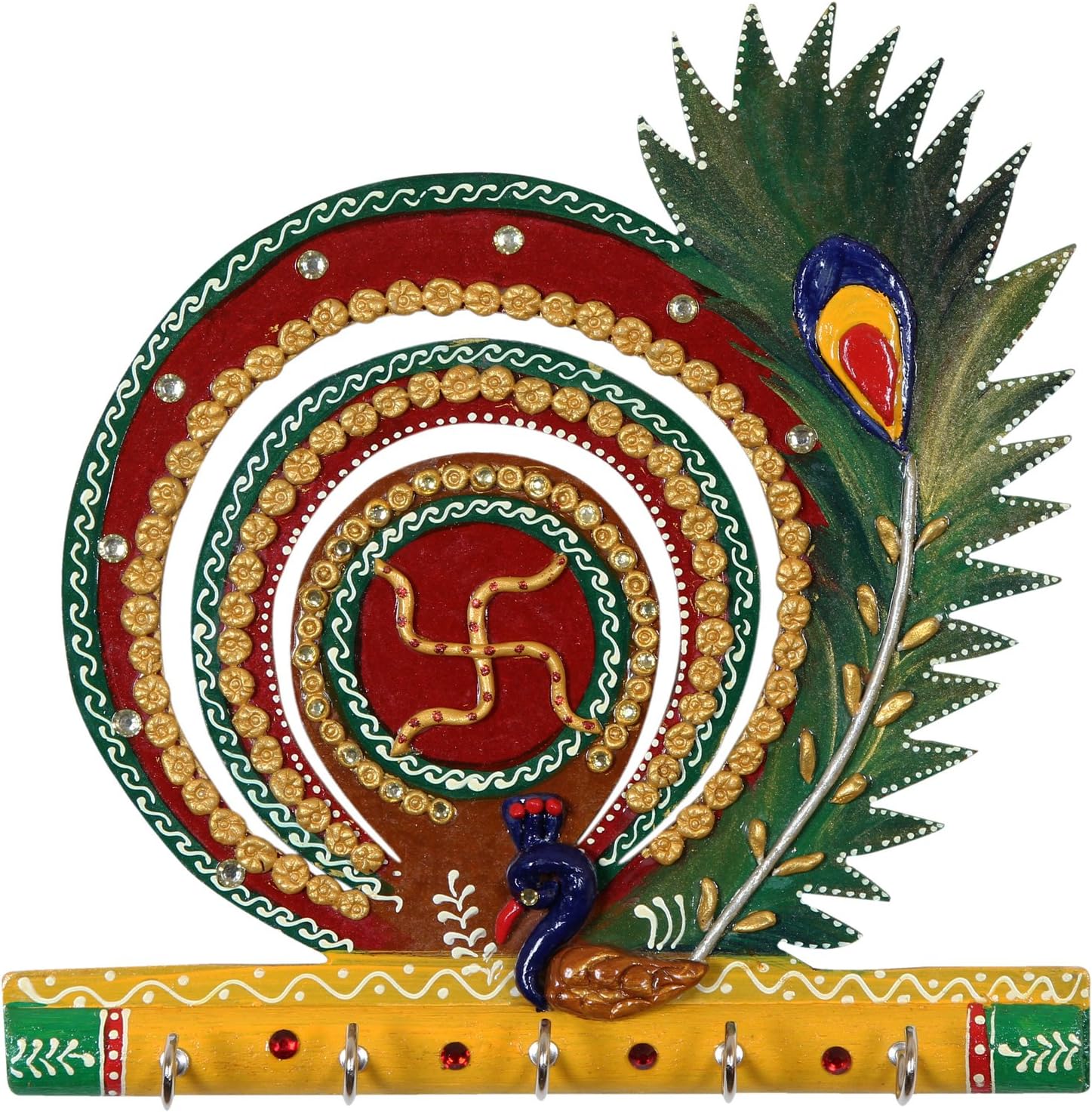 CraftsZilla MDF Wood, Papier Mache Peacock Feather Key Holder (Red, 24 x 24 cm)