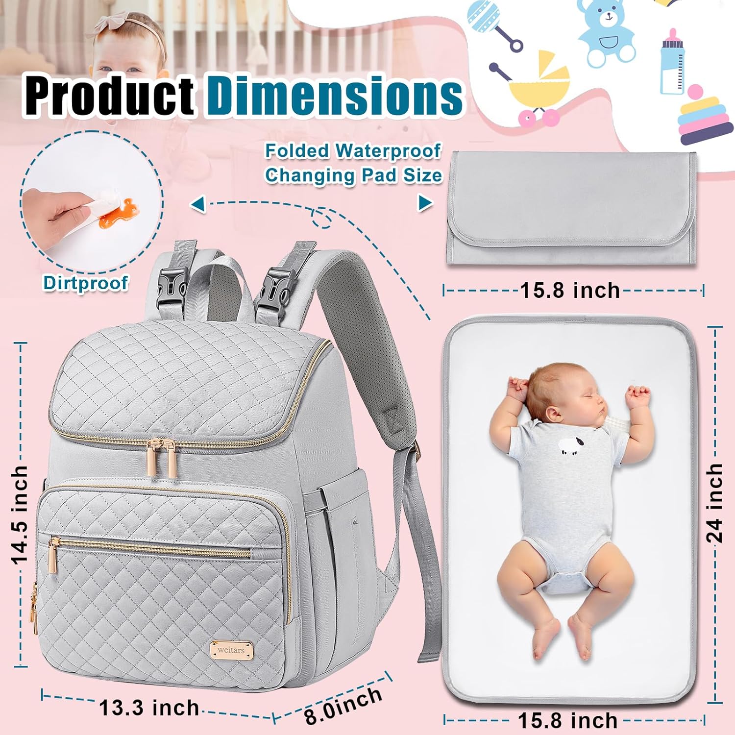 Weitars Diaper Bag Backpack Large Baby Diaper Bag with Changing Pad Travel Diaper Backpack,Baby Bag for Boys Girls,Stroller Straps,5 Insulated Pockets (Gray) - Image 2