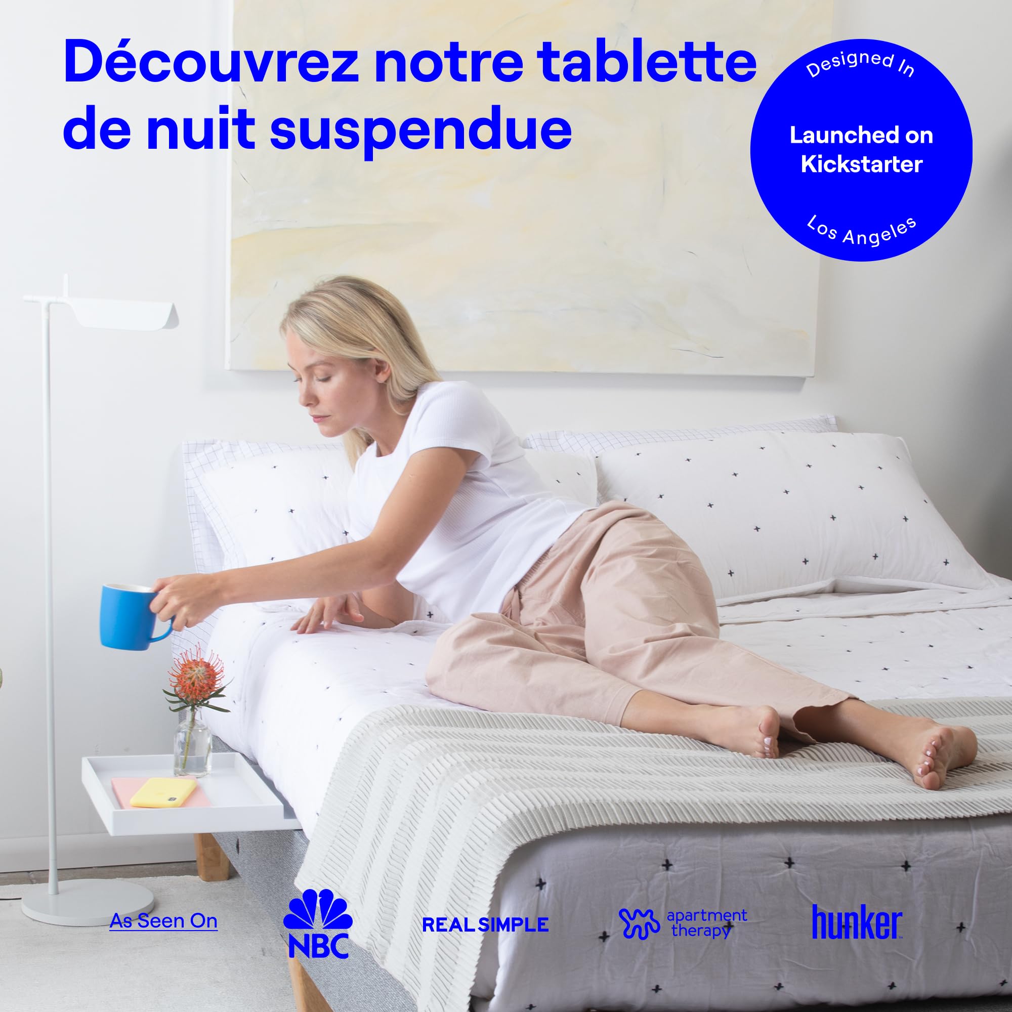 BedShelfie Table de Chevet Suspendue au Lit, Tablette Idéale pour Lits Superposés d'enfants et Chambre Étudiante, Étagère pour Lit Mezzanine, Table de Nuit Clip-on ou à Faire Glisser, Blanc
