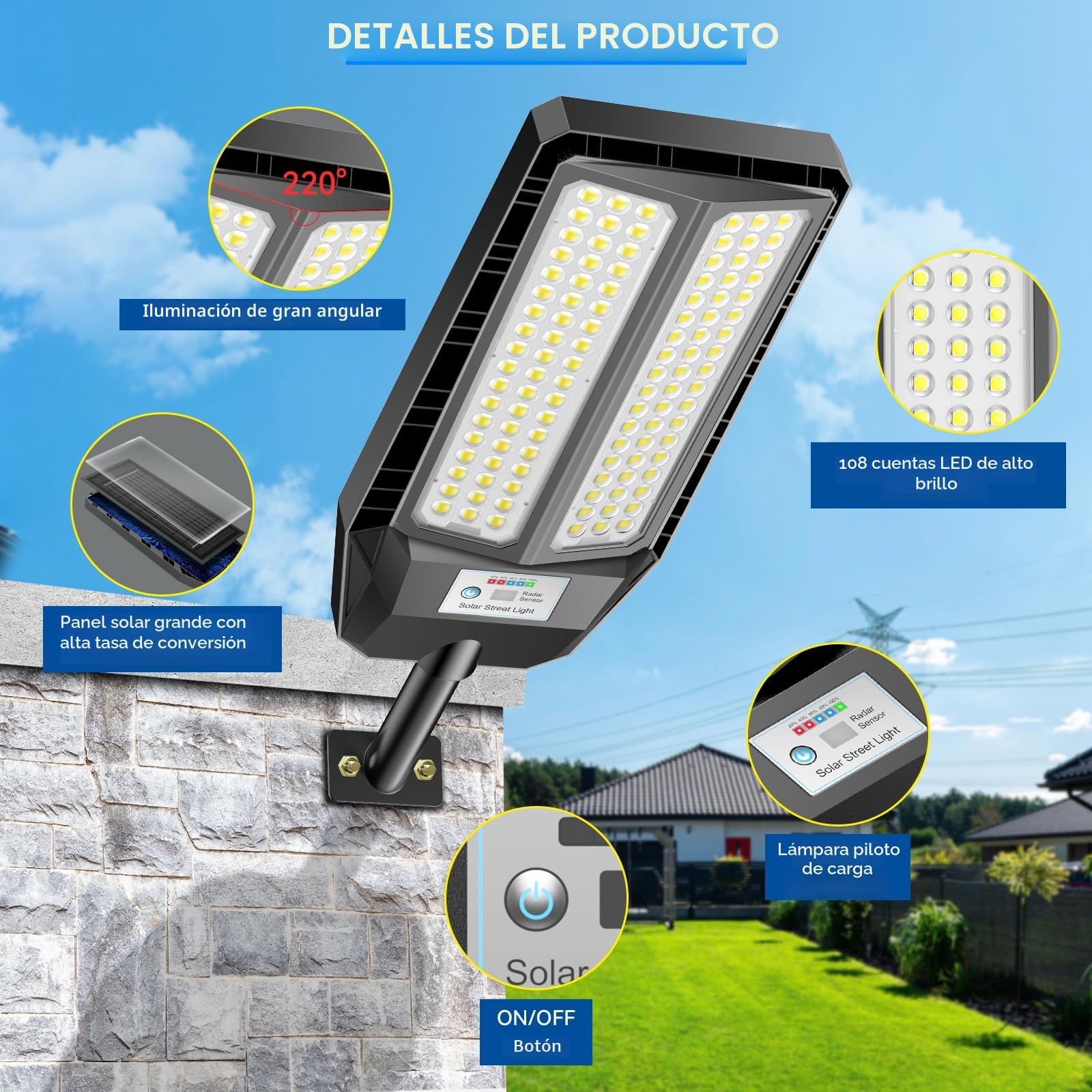 Adewalk 700W Farola solar LED exterior con mando a distancia, IP66 impermeable, lámpara de calle solar con sensor de movimiento, 6500 K Super Bright Farolas de jardín exterior solares para garaje