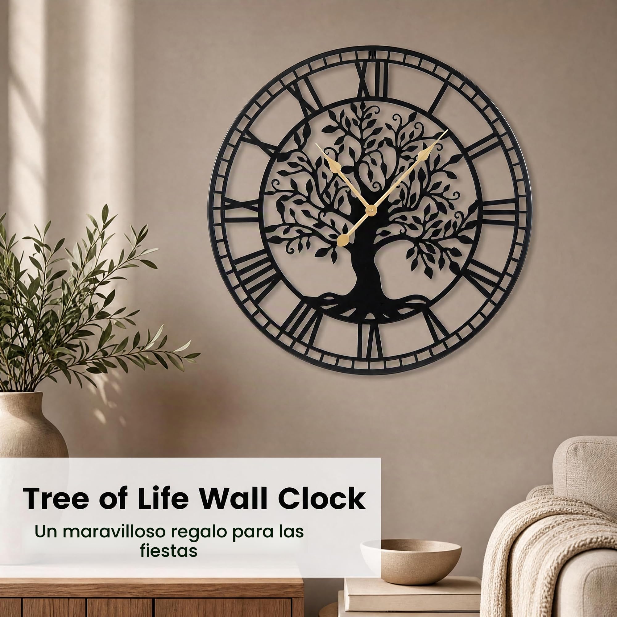 LIFEZEAL - Reloj de pared grande y silencioso de 68 cm, diseño moderno, árbol de la vida de metal, péndulo sin tic-Tac con pilas, decoración de pared para sala de estar, dormitorio, oficina (Style1)