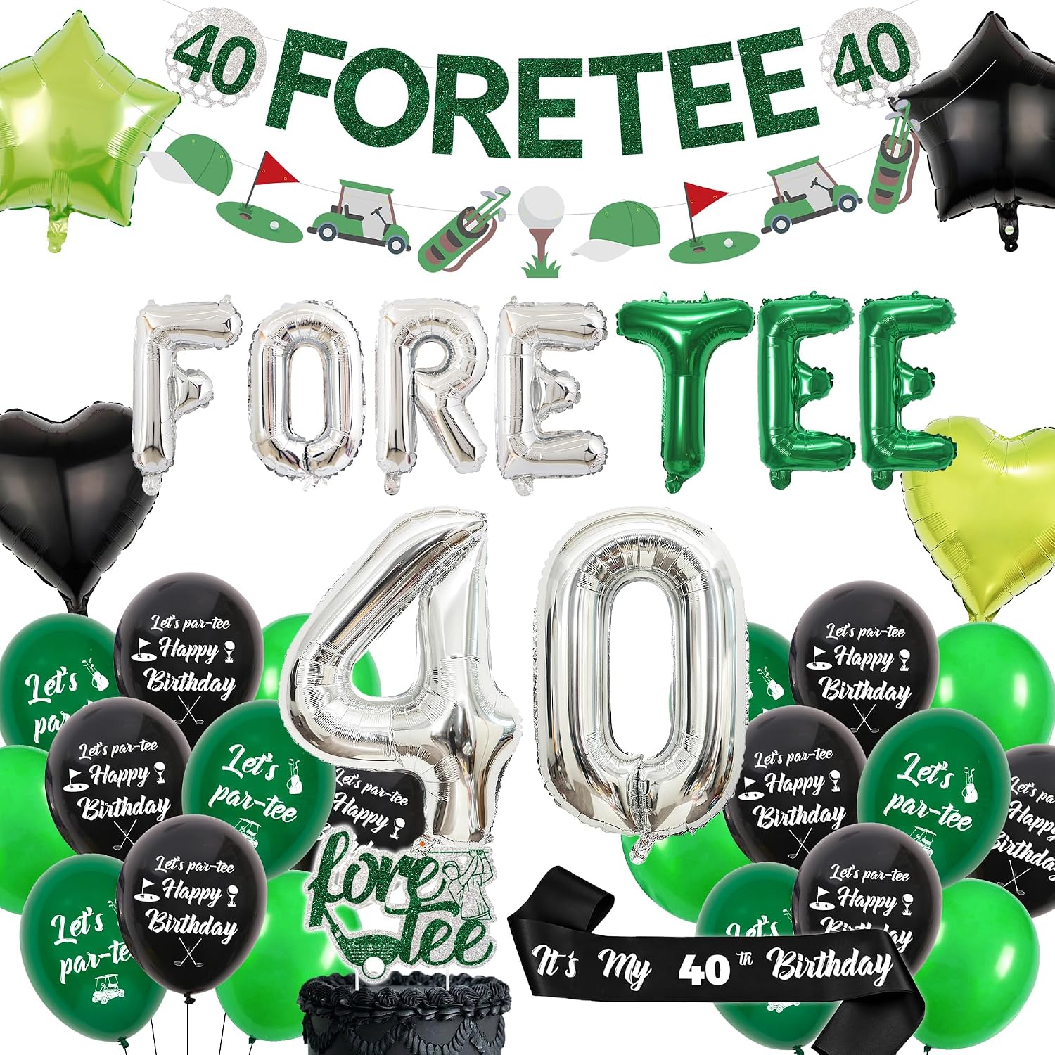 40th Birthday Golf Party Decorations - Fore Tee Balloons Banner Number 40 Heart Start Balloon Cake Topper Sash Theme Decor, Golf Party Supplies for Men Adults 40 Years Old Birthday
