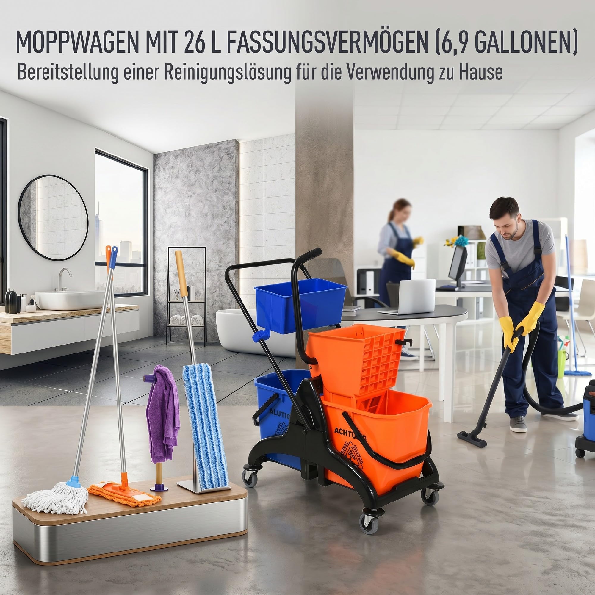 HOMCOM Putzwagen Reinigungswagen 26 Liter Wischwagen mit Wischmopp-Presse, Haushaltswagen auf Rollen Orange