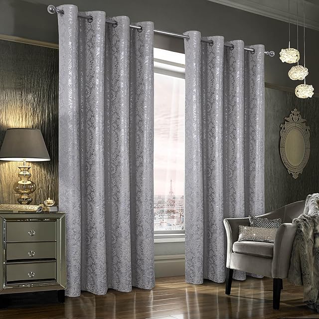 always4u 100% Blackout Curtains for Bedroom Thermal Insulated Floral Silver Foil Print Eyelet Curtains for Living Room Lined Drapes 1 Pair Light Grey 46 * 54 Inches