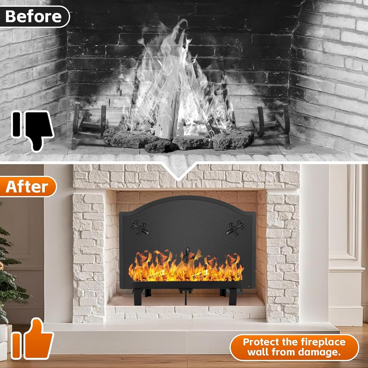 STBoo Firebacks for Fireplace 25 inch - Fireplace Back Plates with Feet | Fire Backs for Kitchen Backsplash Decorative Flower Design | Fireplace Heat Deflector Wall Protection