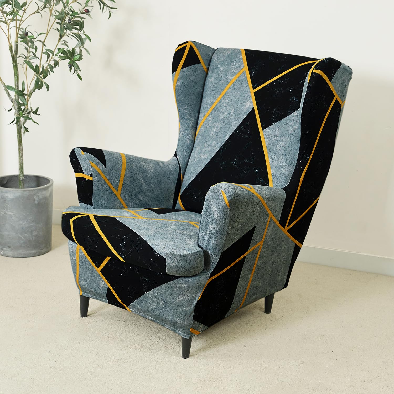 HOKIPO 'Elira Series' Polyester Blend 140gsm Fully Covered Wingback Chair Cover, Multicolor Abstract Geometry (AR-4991-C10)