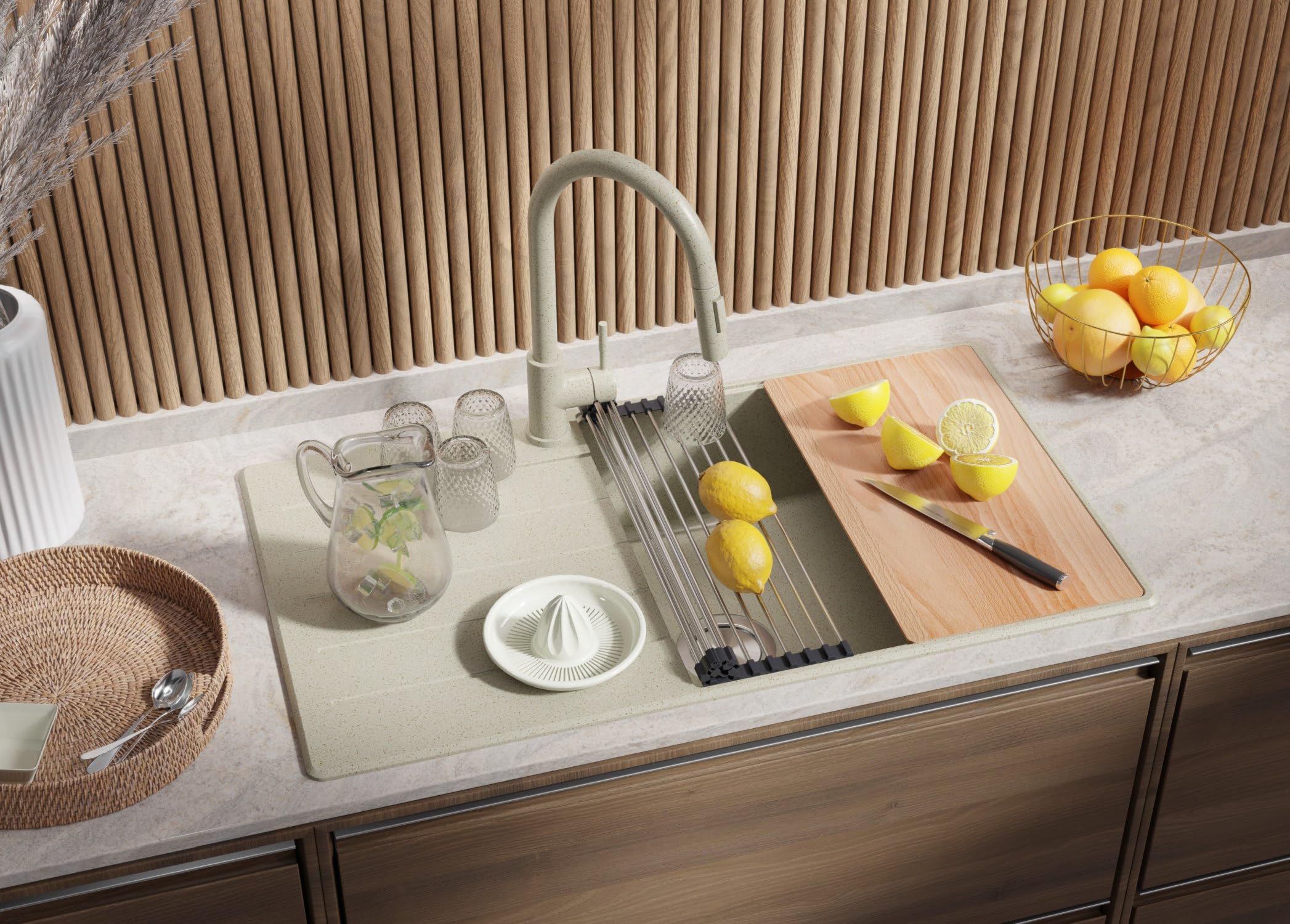 PRIMAGRAN Evier Cuisine en Granit Tout Beige 90x50cm, Lavabo 1 bac + Kit de Vidage, Évier à Encastrer au Meuble 60cm - Copenhague Top S668