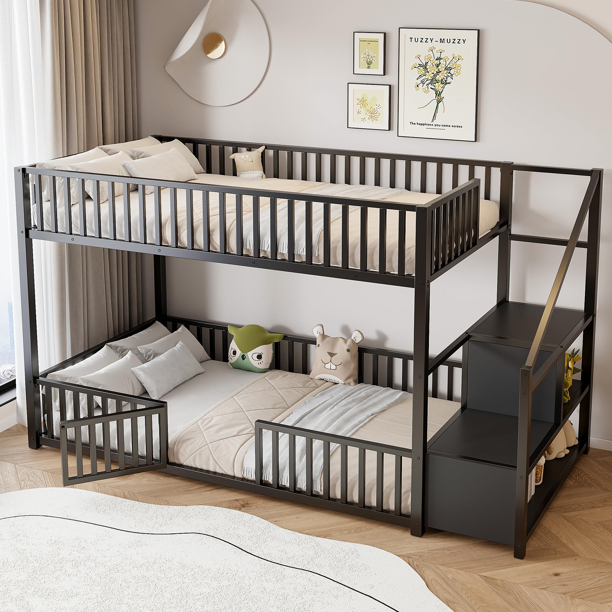 Bellemave Metal Bunk beds Twin Over Twin with Guardrail and Storage Stairs, Floor bunk Bed with guardrail for Kids, Black