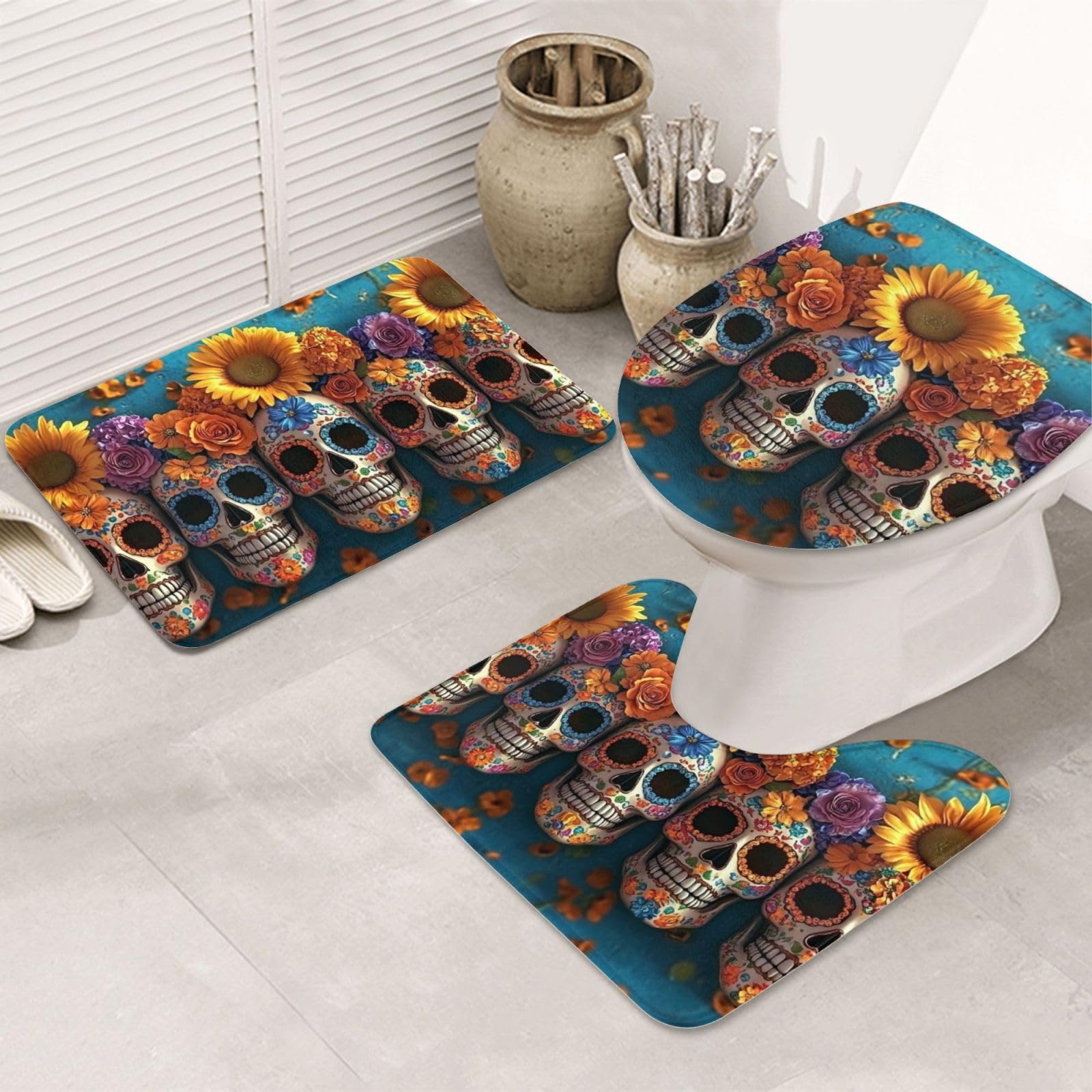 Alfombrilla de baño de calaveras flores y girasoles para decorar tu aseo en Halloween