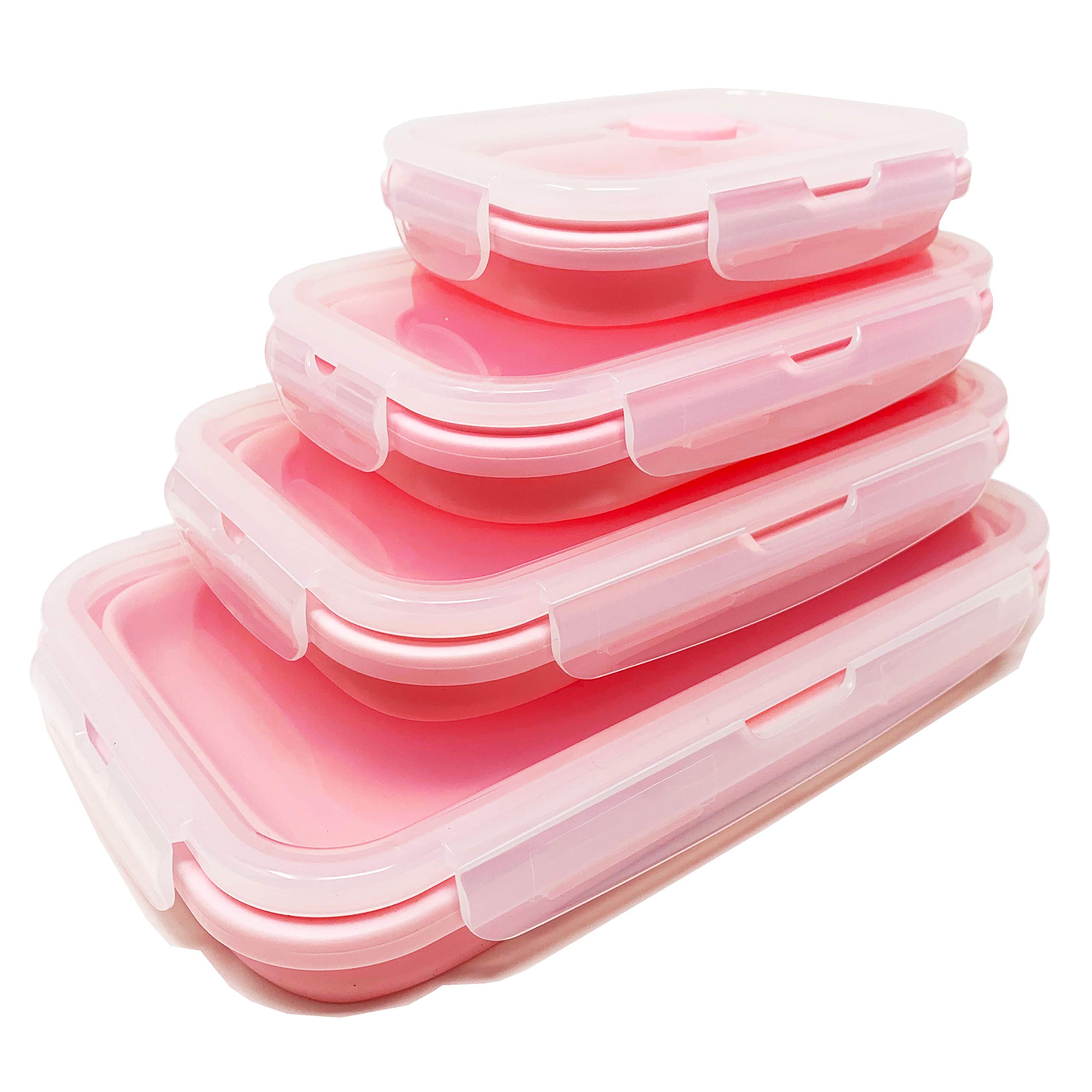 Set of 4 Collapsible Silicone Food Storage Container, Leftover Meal box For Kitchen, Bento Lunch Boxes, BPA Free, Microwave, Dishwasher and Freezer Safe. Foldable Thin Bin Design Saves Your Space.