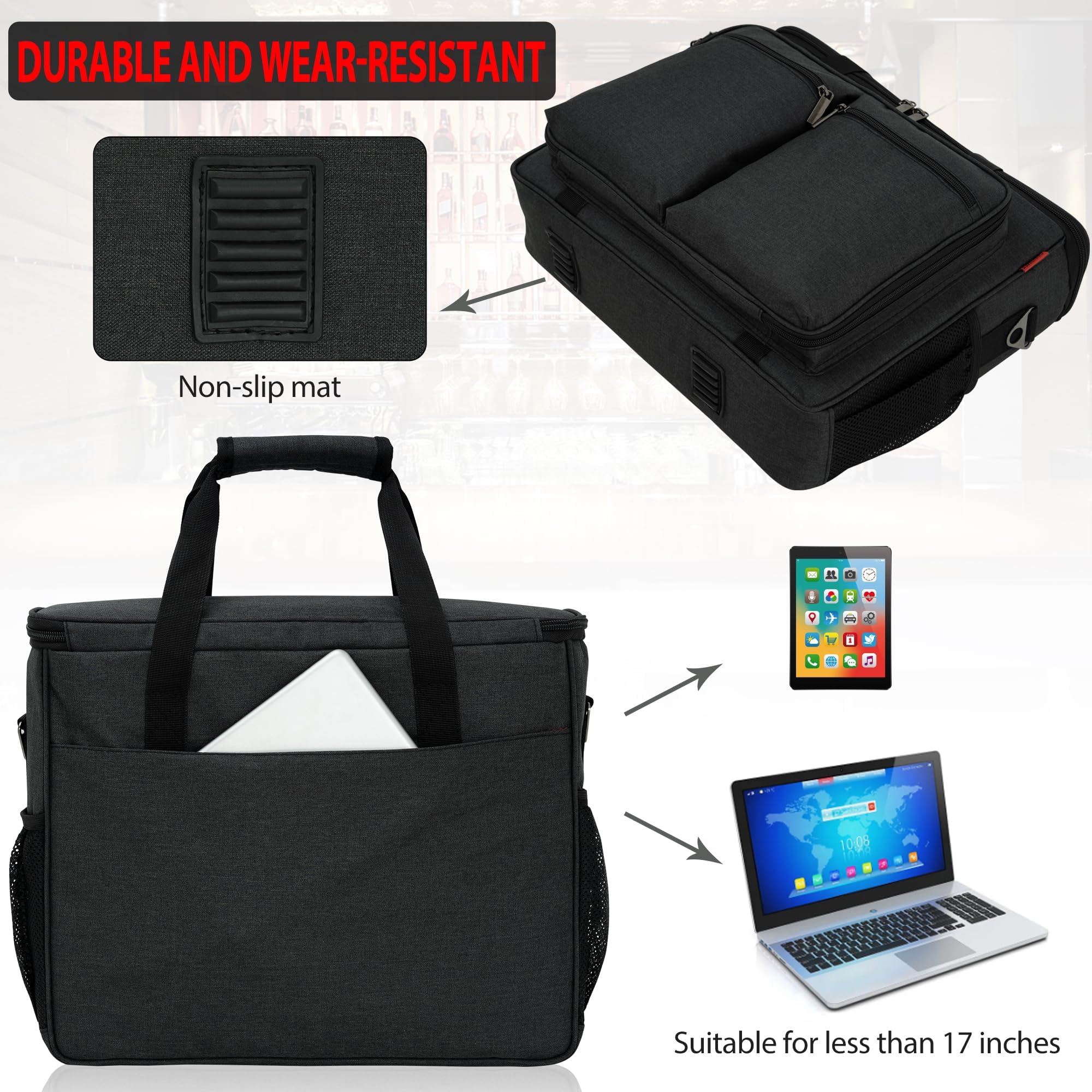 OUUTMEE Borsa da barista, kit da viaggio per shaker da cocktail, custodia portatile con scomparti per bottiglie di vino, per viaggi, casa, feste al chiuso e all'aperto (borsa senza attrezzi)