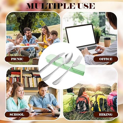 Miniatura 6 de Suclain Juego de 4 utensilios portátiles con estuche, juego de cubiertos reutilizables de acero inoxidable, incluye cuchillo, tenedor, cuchara,