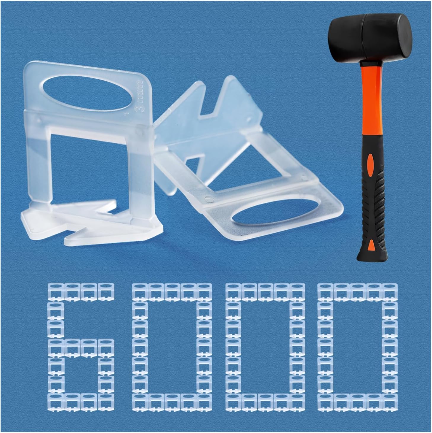 Tile Leveling System 1/8" Spacers Tile Leveler Clips DIY Tile Leveler Spacers 6000 Pcs and Tools Harden Rubber Mallet Hammer 16 oz for Professional Ceramic Tile and Stone Installation 6000 1/8 inch