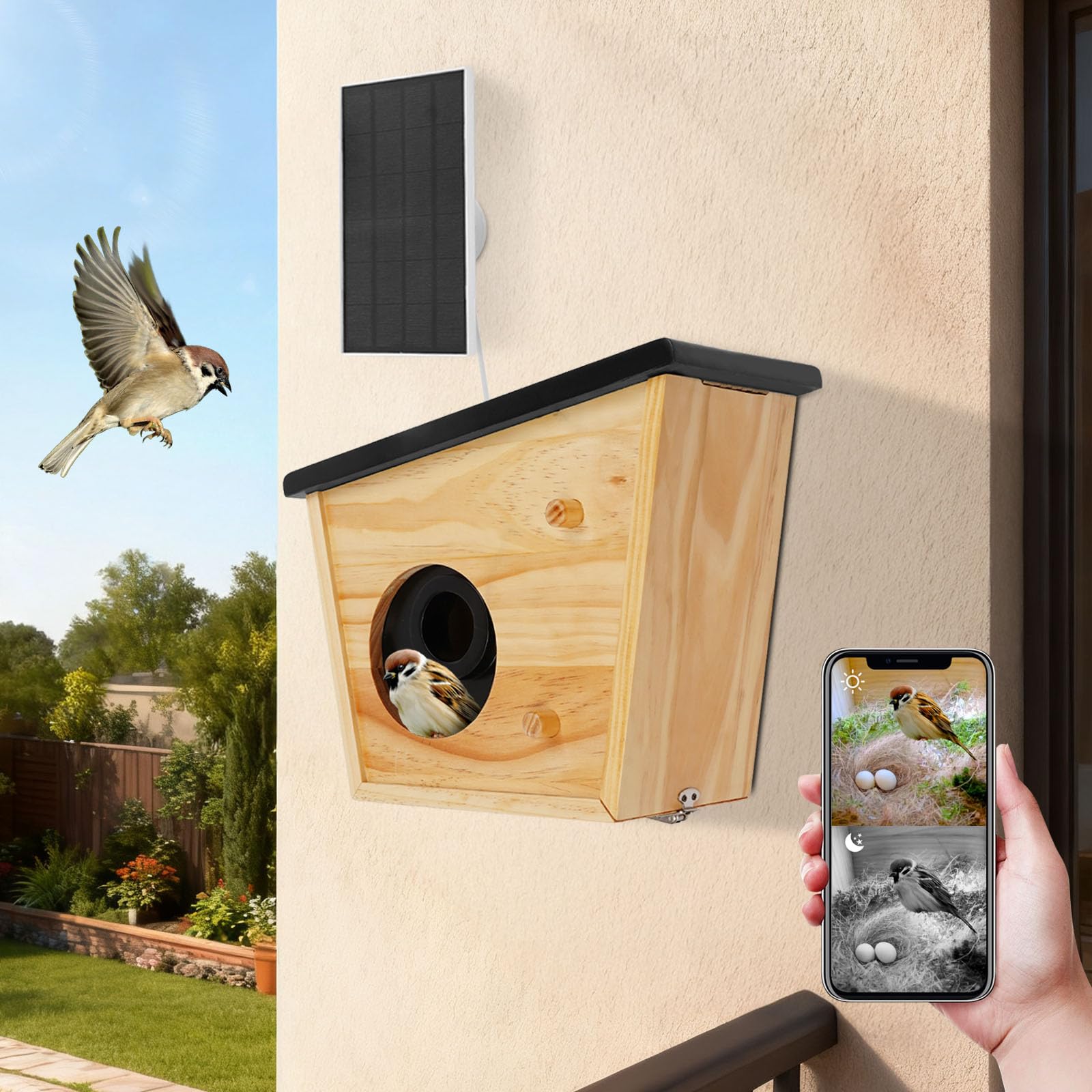 Vogelhaus mit Kamera Solar, Intelligenter Nistkasten mit KI-Vogelerkennung, HD-Nachtsicht & 4400mAh Akku, Wetterfestes Vogelfutterhaus für Draußen mit 35mm Eingang, Vogelbeobachtung für Garten & Balko