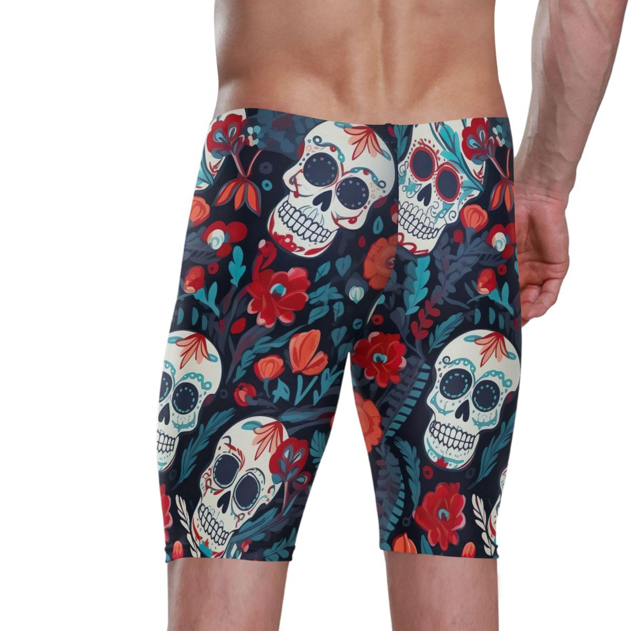 Sugar Skull Skeleton Gothic Flowers Men's Swim Jammers Swimsuit M B0400665