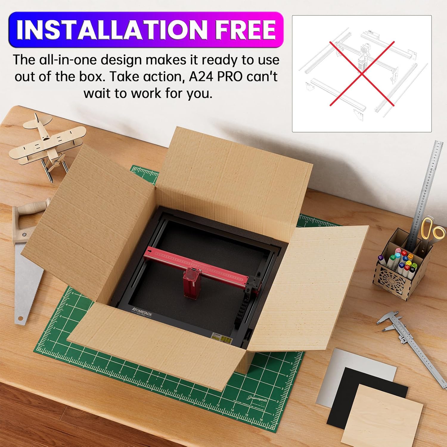 ATOMSTACK A24 Pro being unboxed, showing its ready-to-use state