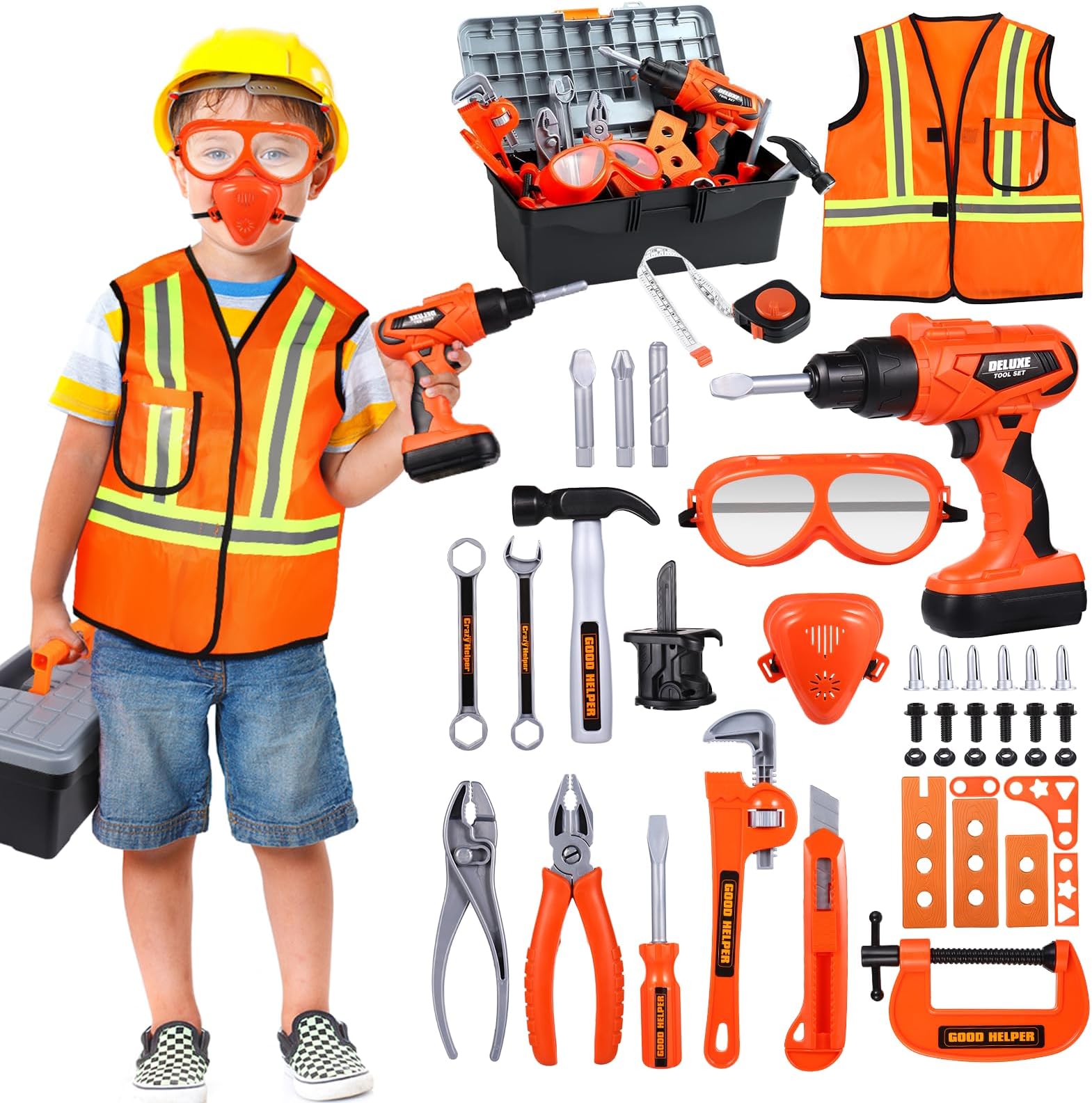iBaseToy Kids Tool Set - 45 Pieces Toddler Tool Set with Tool Box & Electronic Toy Drill, Pretend Play Kids Building Toy Set for Kids 3 Years 4 5 Years 6 Years 7 Years Old Boys Toy