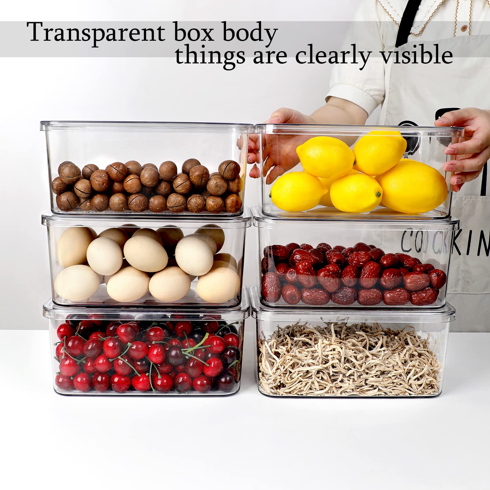 Contenedores de almacenamiento transparentes con tapas, 4 paquetes de organizadores de almacenamiento de alimentos, armario de cocina apilable, cesta de baño, organización de refrigerador.
