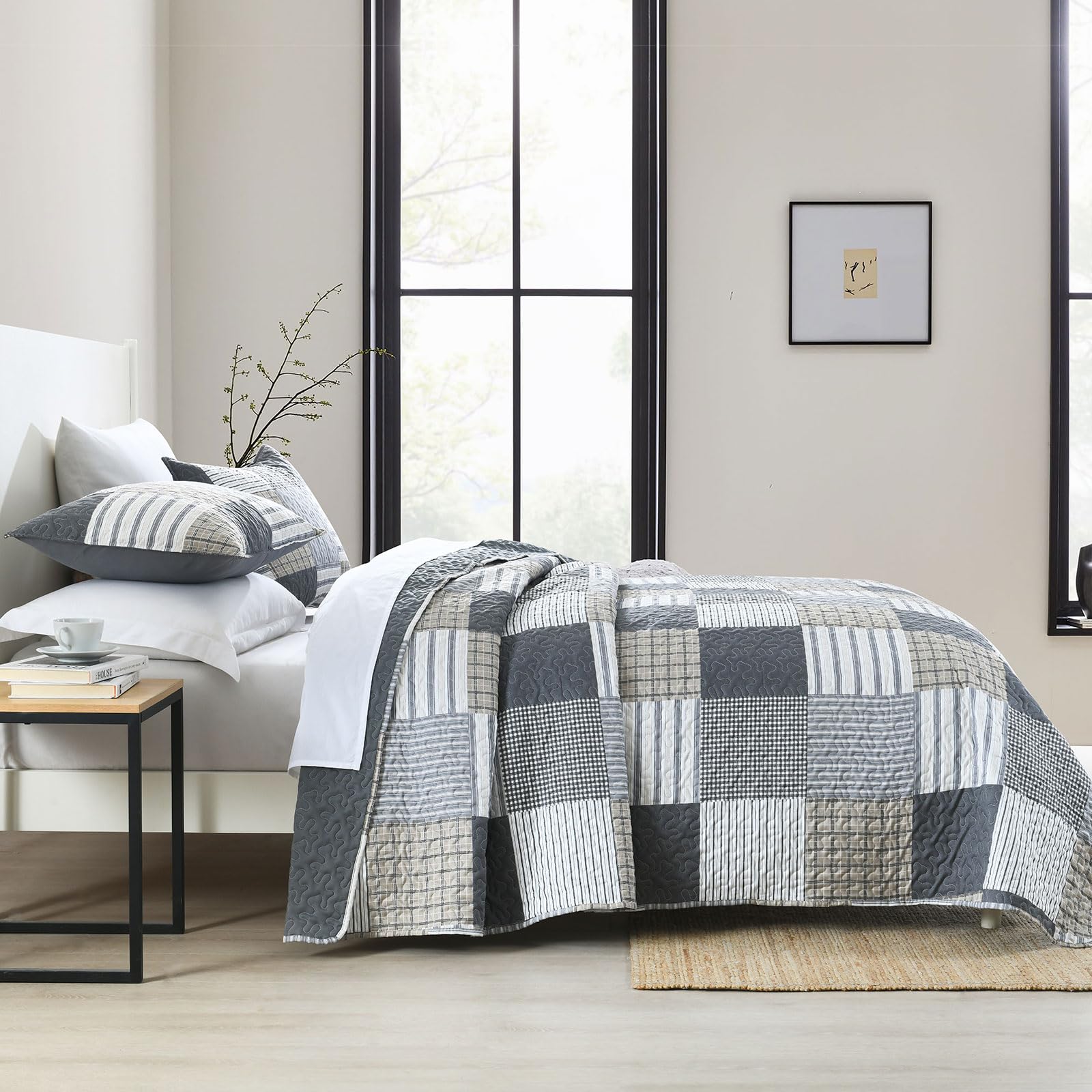 Boryard 3-Piece Queen Quilt Set, Lightweight Soft Full Size Quilt Bedspread Coverlet (90x90 inches) Bedding Set with 2 Pillow Shams (20x26 inches), Grey Plaid