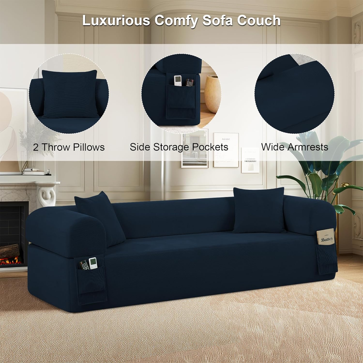 83'' Boneless Sofa in A Box, 3-Seater Floor Sofa No Assembly Corduroy Couch for Living Room, Cloud Couch with 2 Pillows & Storage Bag, Memory Foam Small Floor Couches for Office, Navy Blue