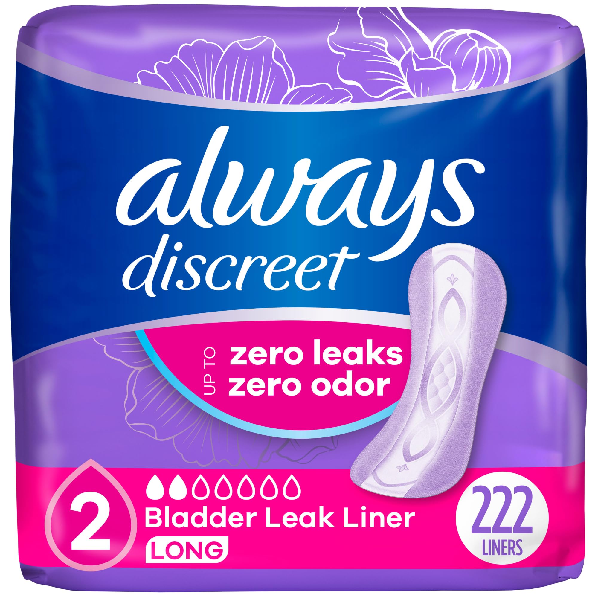 Always Discreet Incontinence Panty Liners for Women with Bladder Leaks, Size 2, Very Light Absorbency, Long Length, 111 CT x 2 Packs (222 Total Count) (Packaging May Vary)