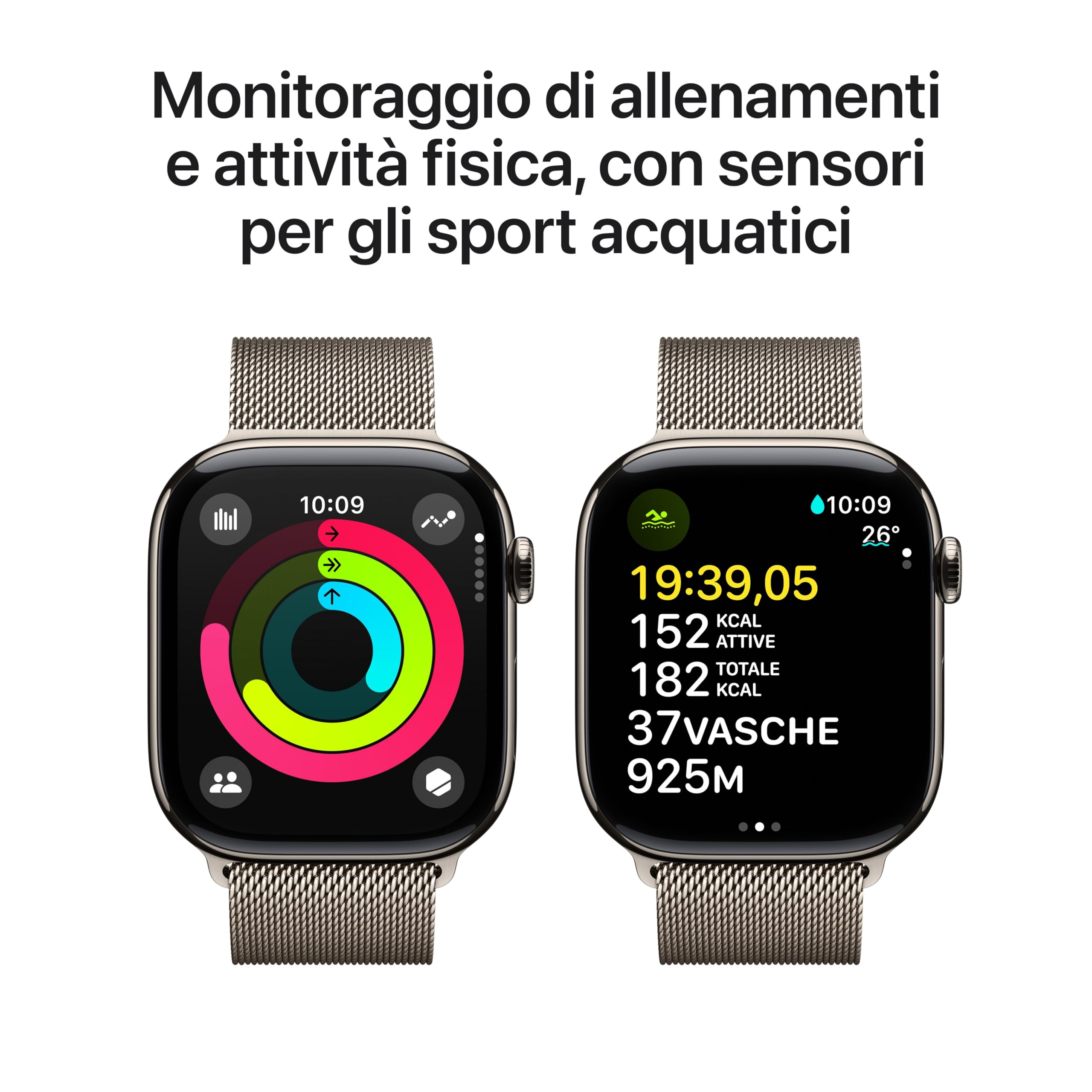 Apple Watch Series 10 GPS + Cellular 46 mm Smartwatch con cassa in titanio color Naturale e cinturino Sport Loop Naturale - S/M. Fitness tracker, app ECG, display Retina always-on, Carbon Neutral