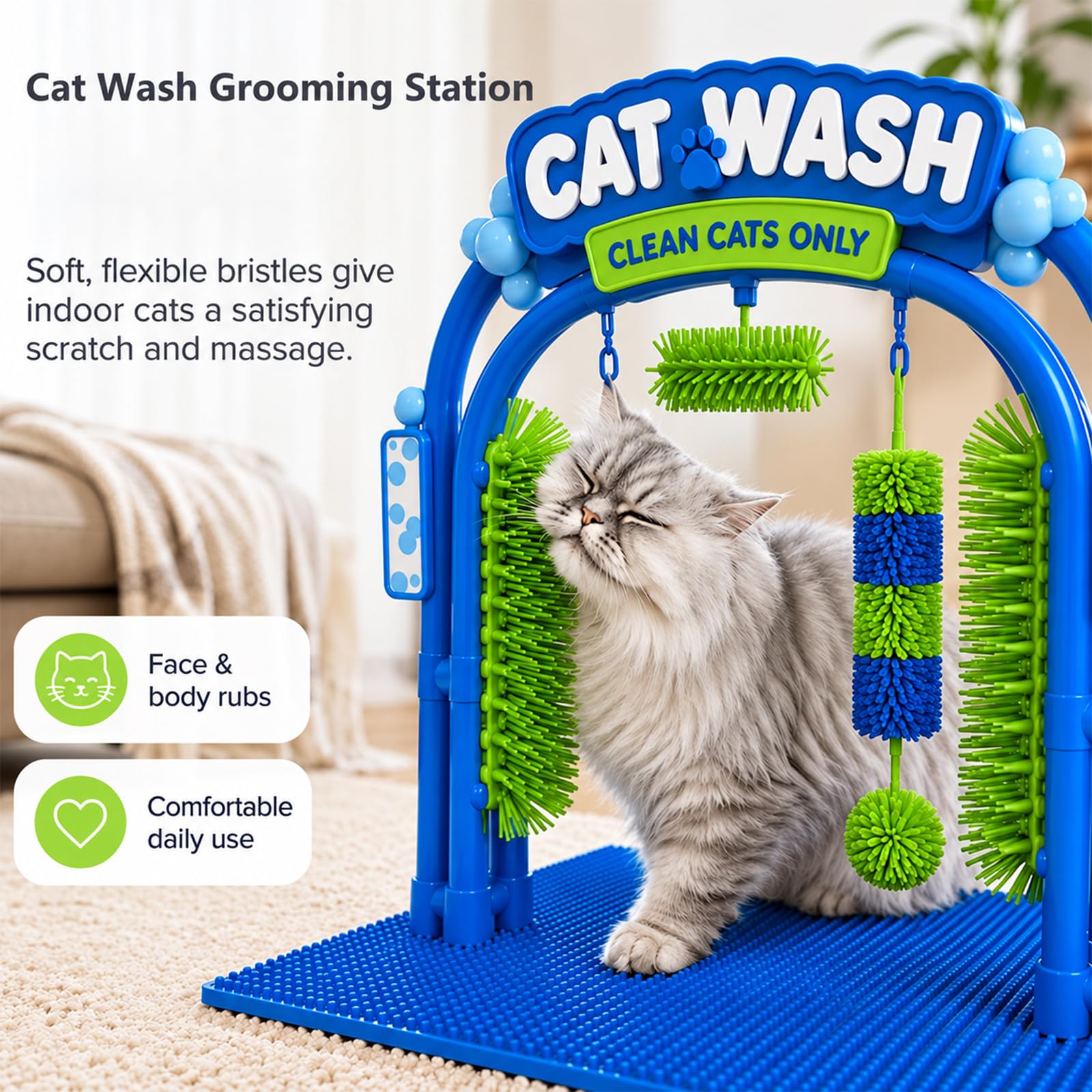 Cat Wash Grooming Station für Katzen, Selbstpflege Bogen mit Massagebürste, Fellpflege Bürste zur Haarentfernung für Wohnungskatzen, Katzen Pflegestation mit Stabiler Basis und Fischspielzeug (2Pcs)