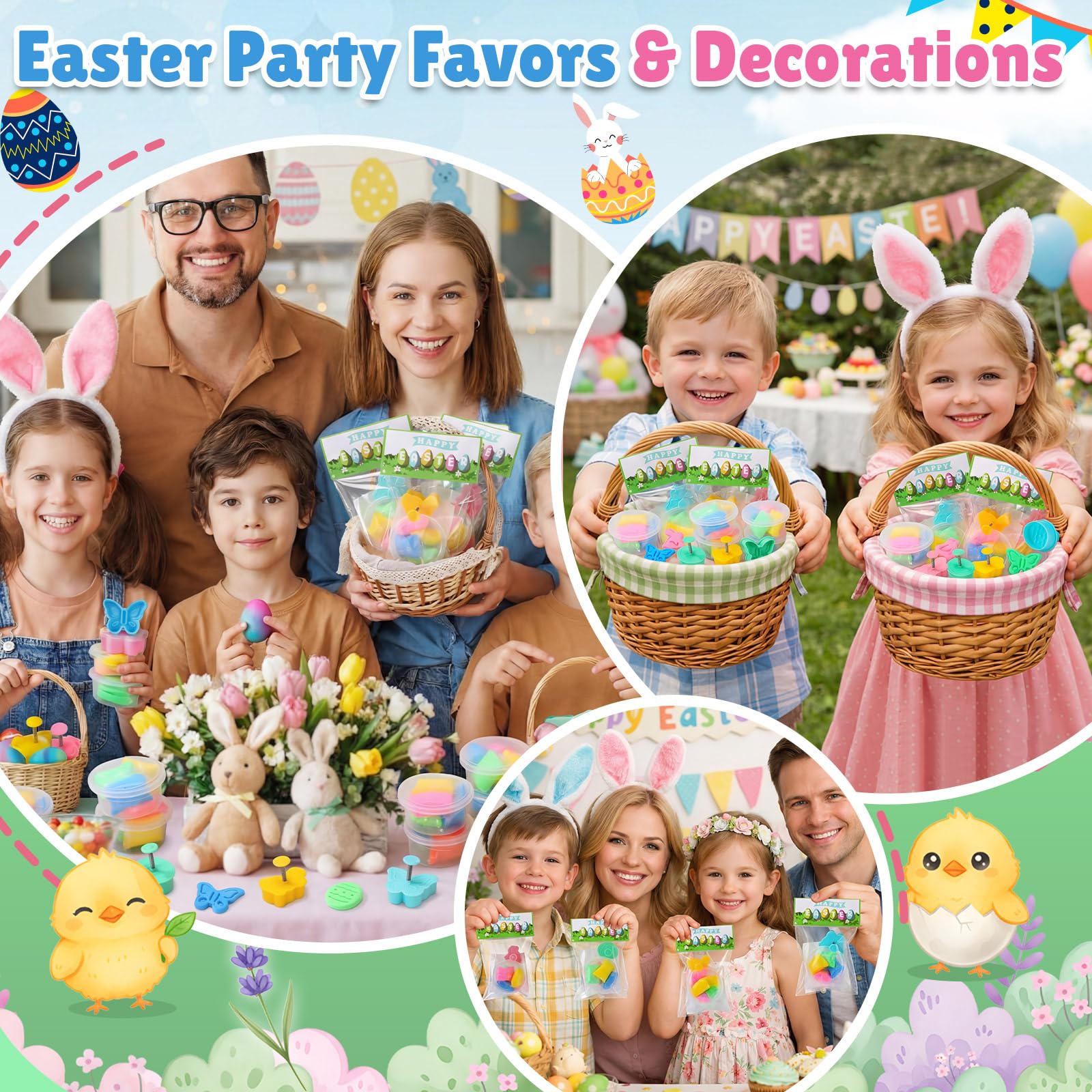 24 set di argilla secca all'aria, kit fai da te, coniglietto, pulcino, uova e farfalle, argilla con biglietti di auguri, regalo per feste di Pasqua, cestini, riempitivi per attività