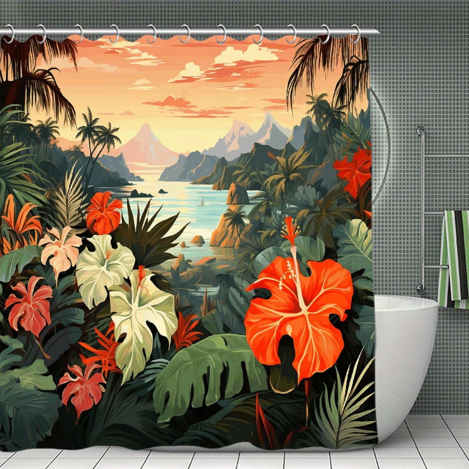 VstaDank Summer Hawaiian Shower Curtain Light-Weight Blackout Bathroom Curtain Washable Shower Liner 71x71 Inch Bath Curtain with Metal Holes Bathtub Bath Room