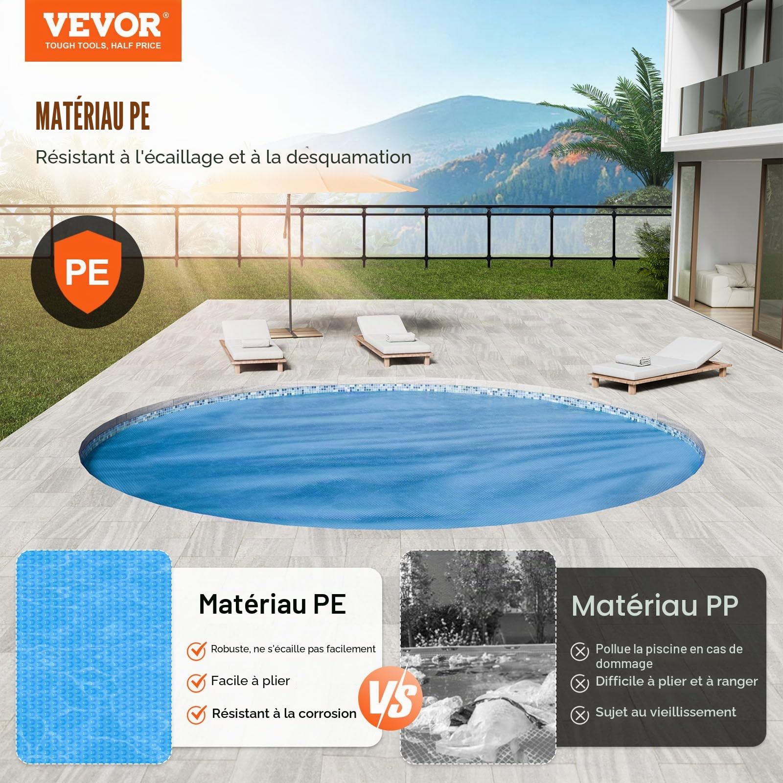 VEVOR Couverture Solaire pour Piscine, diamètre 3,05 m, bâches solaires Rondes pour Piscine, épaisseur de 0,38 mm, Protecteur de Piscine en PE pour Piscine Hors Sol creusée, pour Chauffer l'eau, Bleu