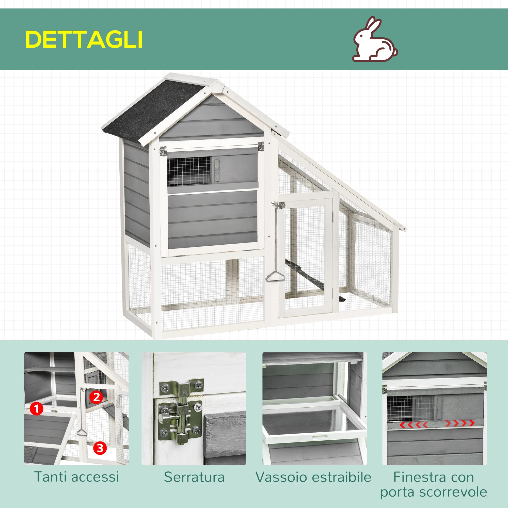 Conigliera PawHut Legno 140x65x120 Cm Grigia | Gabbia Per Conigli Con Zona Esterna - Foto 5