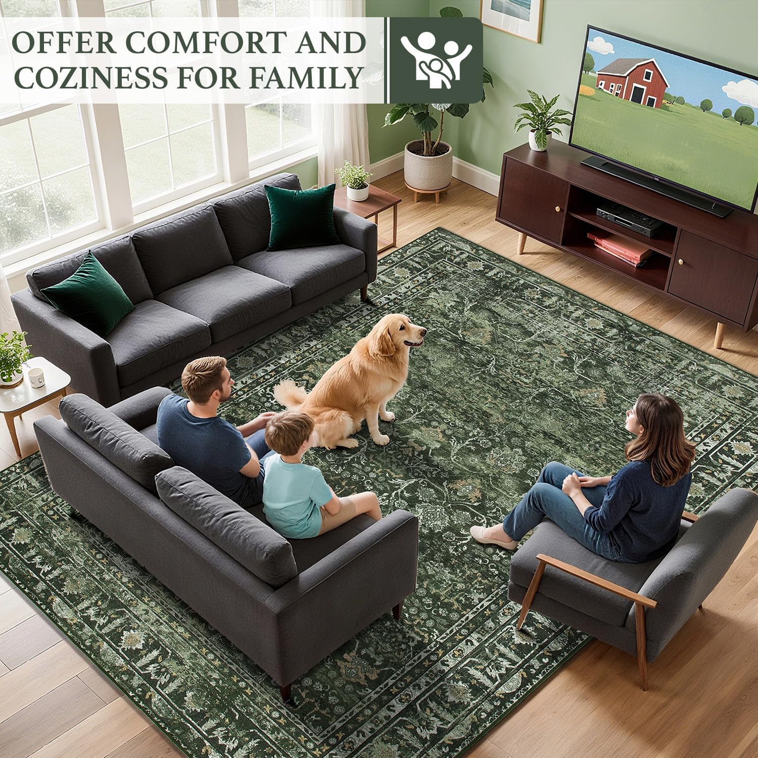 8x10 Area Rugs for Living Room, Non Slip Washable Rugs Large Rug Indoor Carpet, Durable & Soft Vintage Rug for Bedroom Dining Room Home Office Decor, Dark Green