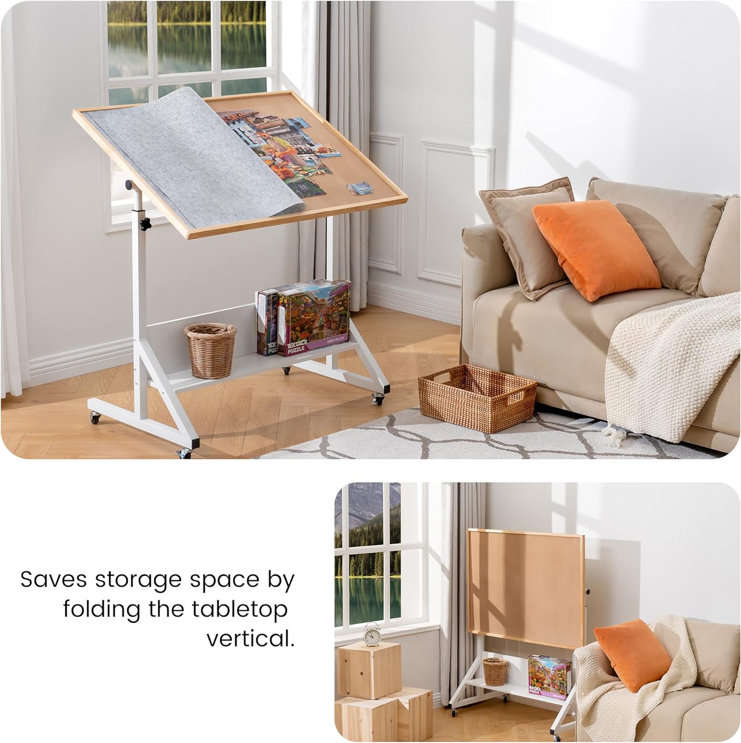 Tektalk Jigsaw Puzzle Table with Angle & Height Adjustment，Puzzle Board with Cover，Puzzle Easel Tilting Table with Legs, Enclosed with 4 Roller Wheels, for Up to 1500 Pieces