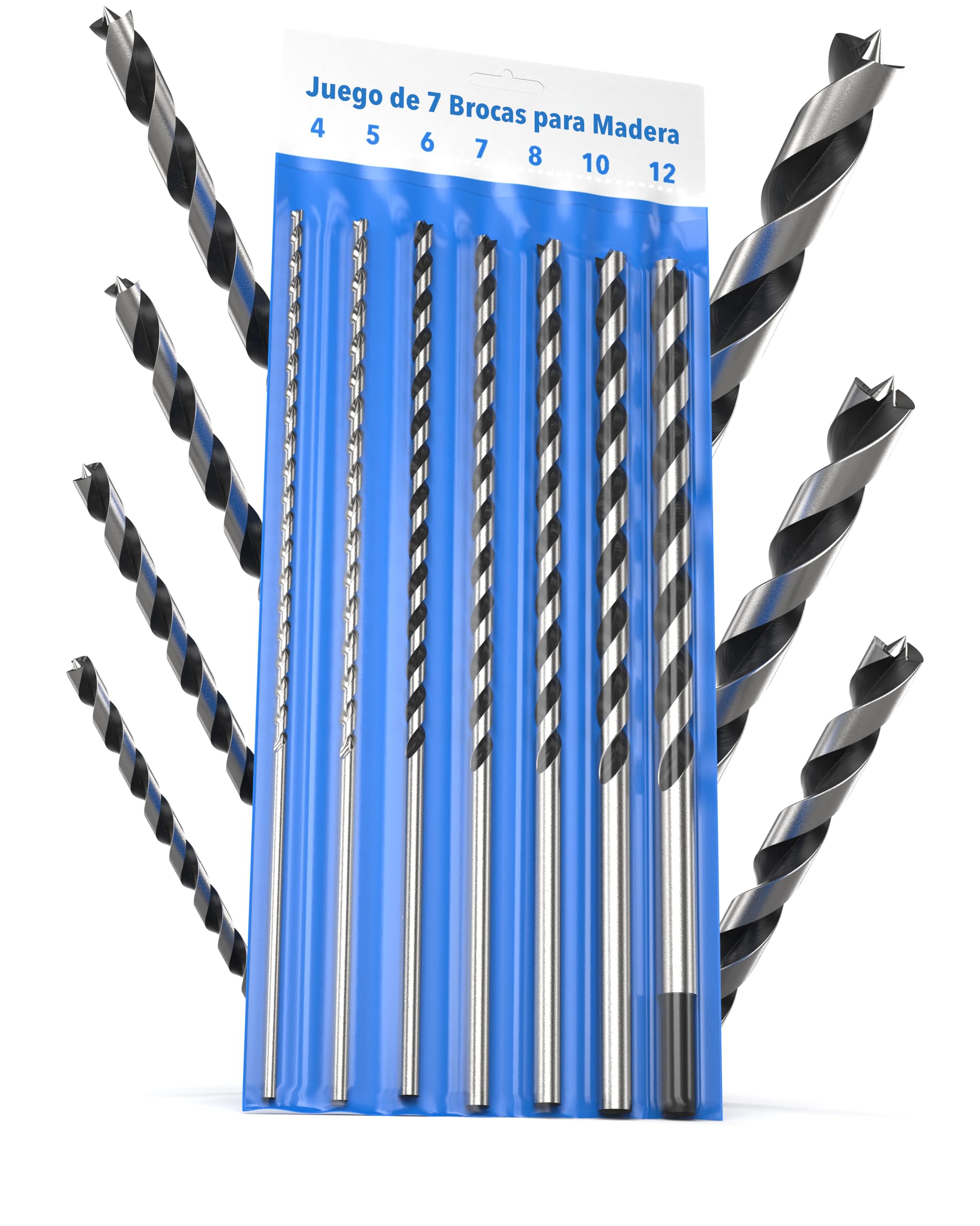 Juego de brocas para madera (7 piezas, incluye bolsa), diámetros 4 mm a 12 mm x 230 mm, largo para encofrado y vigas