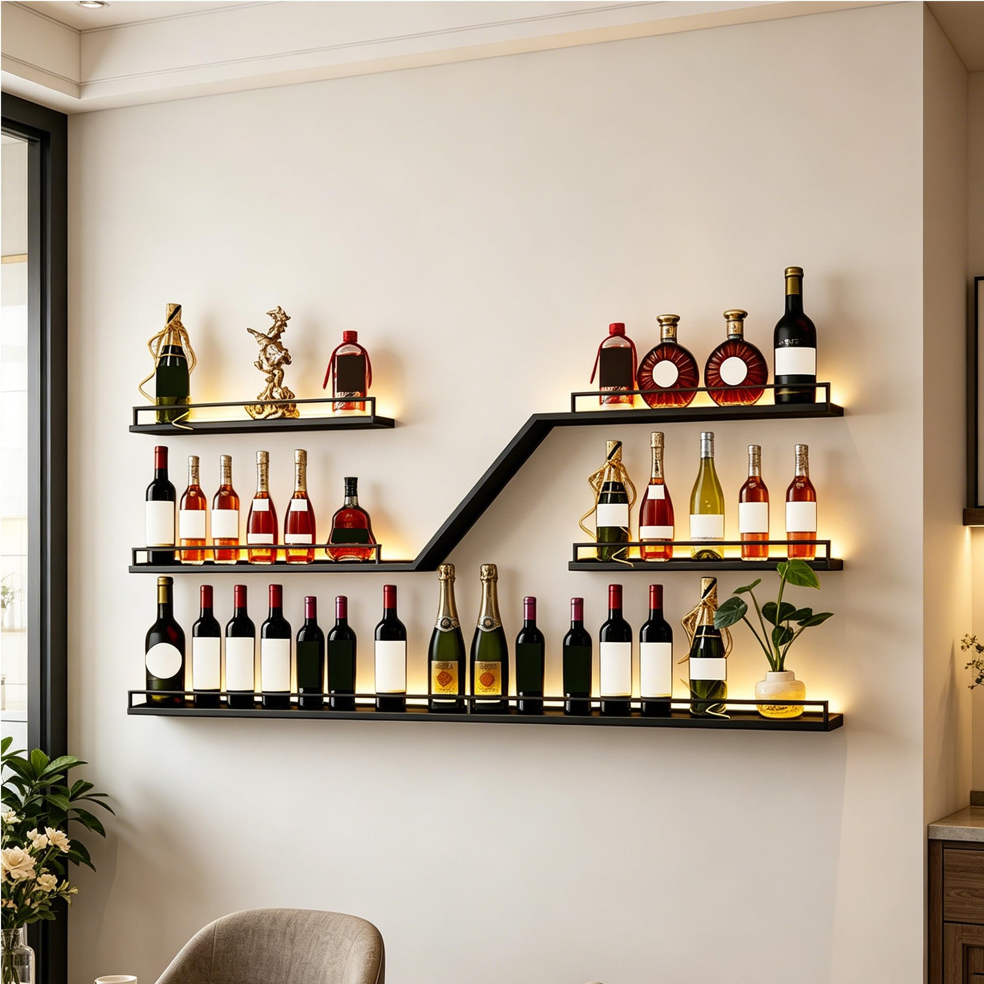 Portabottiglie da Parete con Luci LED Scaffale Sospeso Moderno a 3 Livelli in Metallo Porta Vini per Home Bar e Sala da Pranzo(120cm/47.2in)