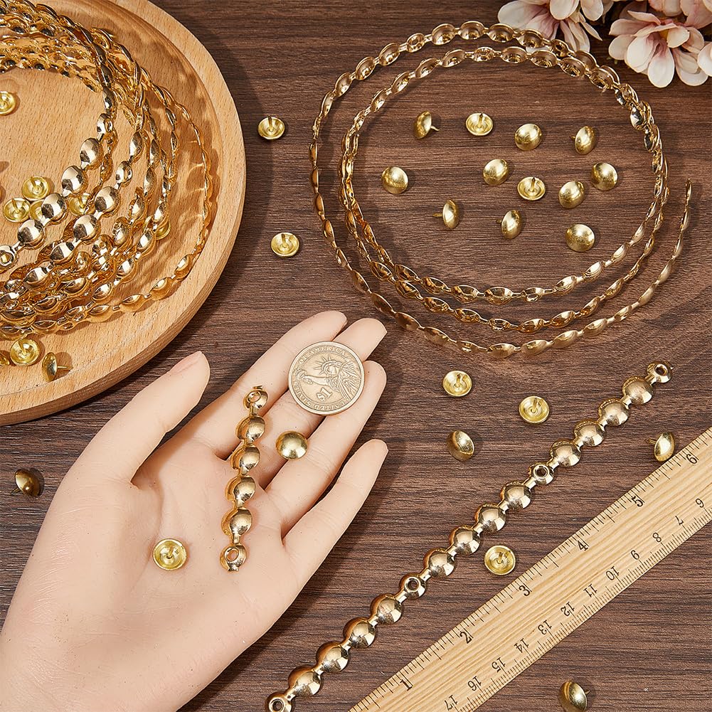 GORGECRAFT 5pz*1m Tiras de Tachuelas para Tapicería 10.5mm Cabeza Redonda de Hierro Metálico Adornos Decorativos Brillantes con 90 Piezas de Clavos para Tapicería Tachuelas Sueltas Combinadas Dorado