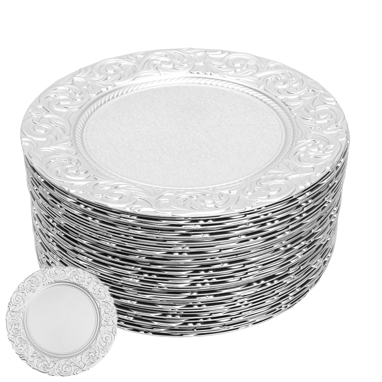 NuBusno 100 Pcs Charger Plates Bulk 13'' Silver Round Rustic Plastic Plates 100 Pcs Stacked Table Decoration Ruffled Rim Dinner Charger for Wedding Party & Holiday