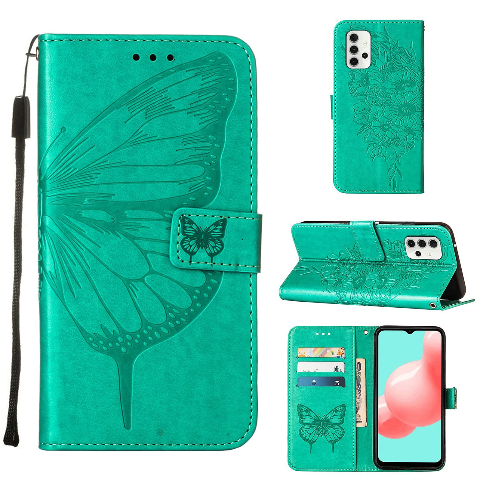 MTQLX Compatible with Moto G30/G10/G10 Power Wallet Case Luxury 3D Embossing Butterfly Woman Flip Leather Wallet Case with [Wrist Strap] for Moto G30/G10/G10 Power (Green)