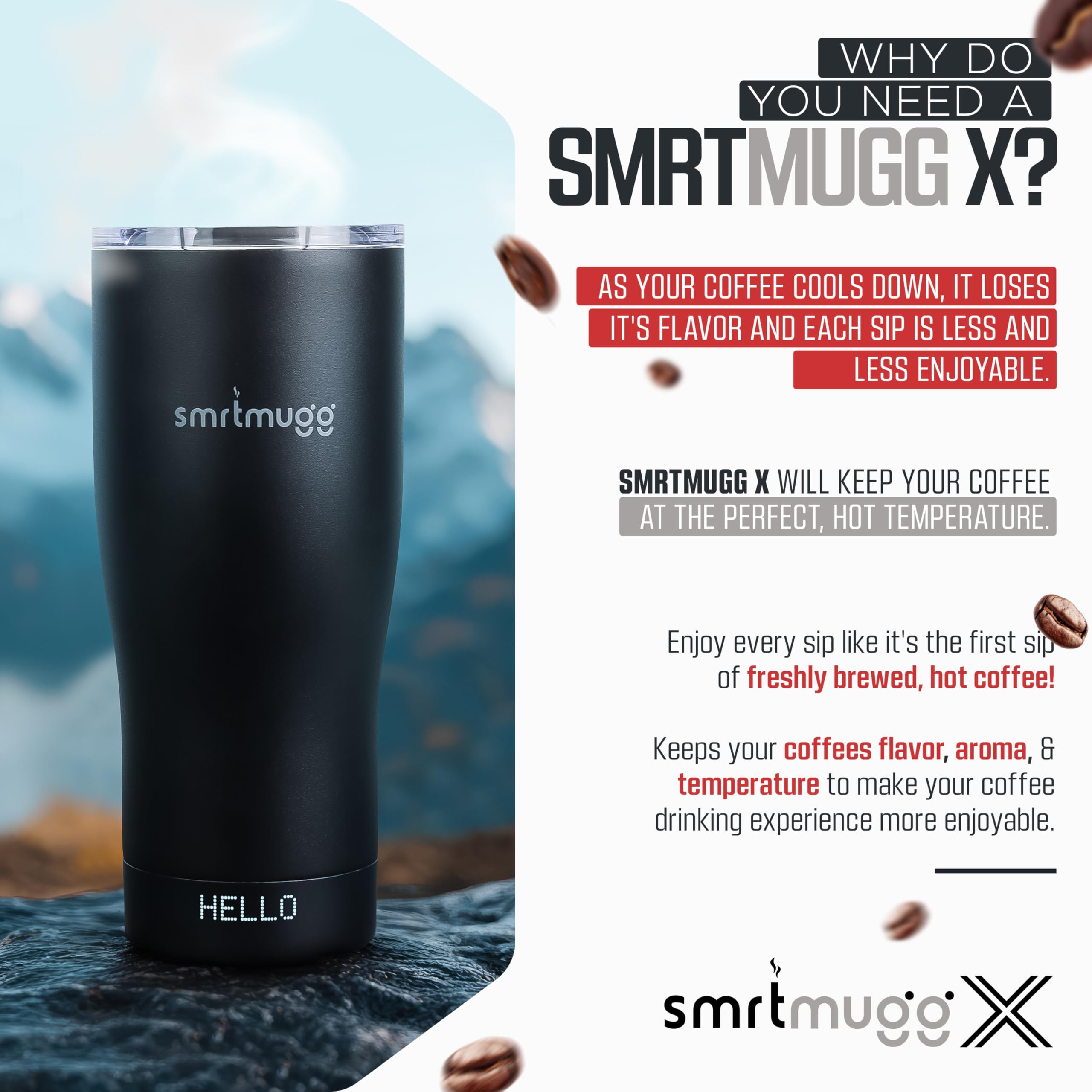 SMRTMUGG X Taza de café con calefacción de 19 onzas, batería de 8 horas, autocalentamiento, control de temperatura ajustable, pantalla LCD, ajuste de temperatura con un botón, incluye cubierta con