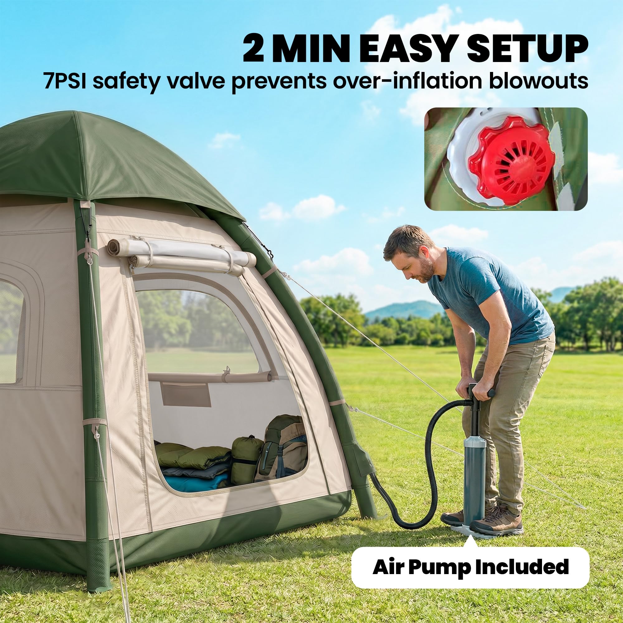 Outsunny Tente de camping gonflable avec pare-pluie, tente gonflable pour 3 personnes, tente gonflable étanche de 3000 mm avec vestibule, hauteur de hauteur de 190 cm, pompe de sécurité à gonflage