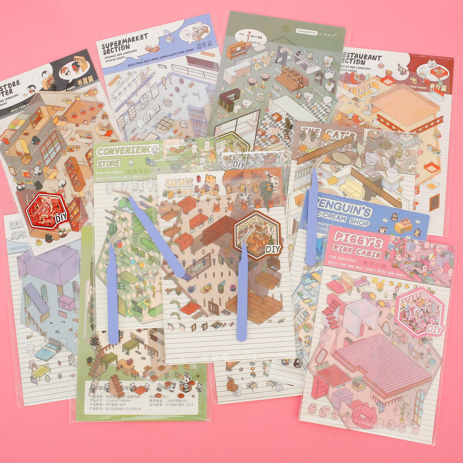 12 piezas DIY 3D House Stickers,Pegatinas decorativas 3D para escenas de casas en miniatura, divertidas pegatinas DIY para la escena para habitaciones pequeñas, Flower House, Café, Bakery Biblioteca