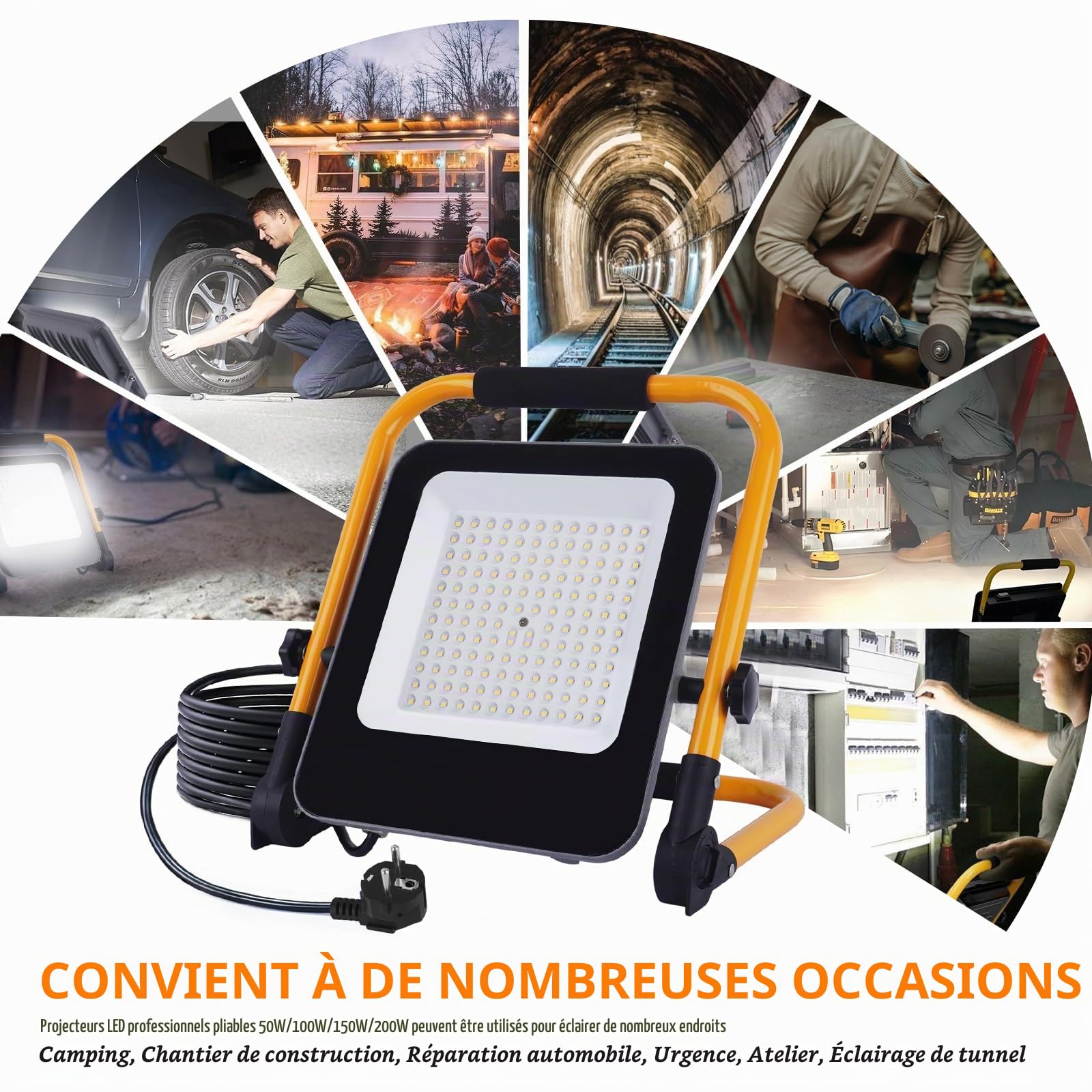 Projecteur LED Chantier 100W,10000LM Éclairage de Chantier Puissant avec Prise EU/Cordon 2M/6500K,IP 66 Étanche Spot LED Extérieur Pliable Portable Phare de Travail pour Atelier,Garage,Jardin
