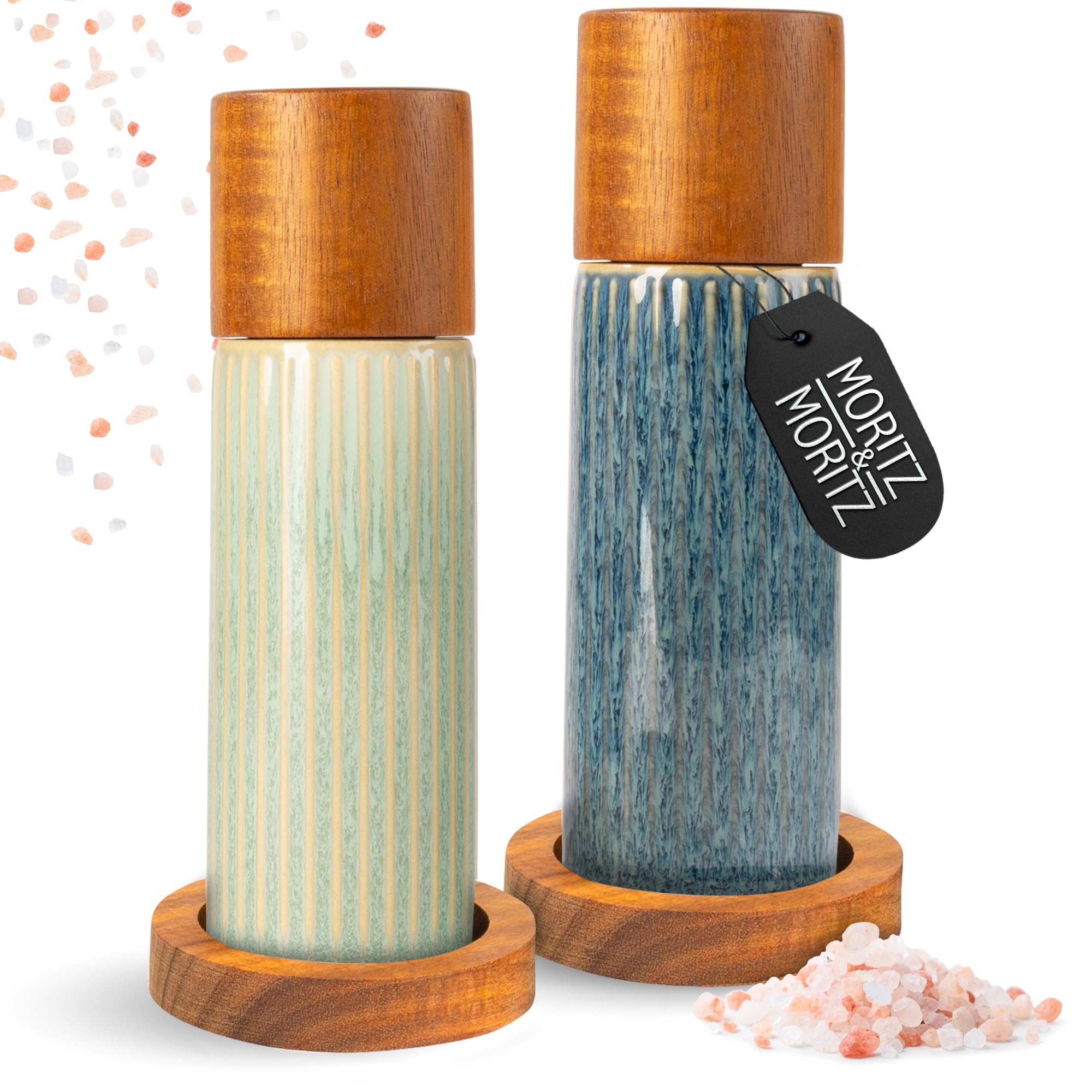 Moritz & Moritz PEPE Set de 2 Moulins à Épices Bleu/Vert – Moulins Sel et Poivre en Céramique, Bois d’Acacia & Grès, Réglage de Mouture, pour Sel, Poivre et Épices