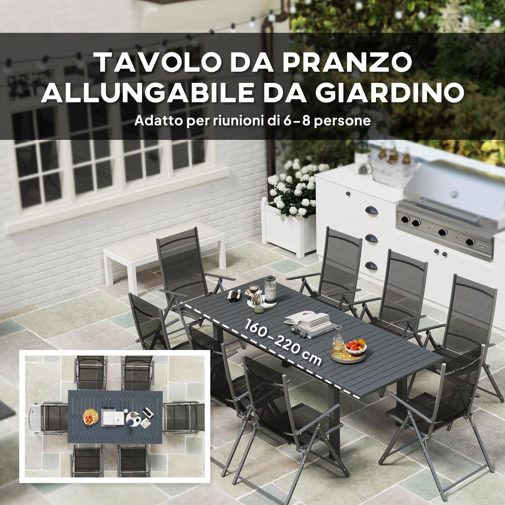 Outsunny Tavolo da Giardino Allungabile per 6-8 Persone da 160/220x90x73 cm, Tavola da Pranzo Estensibile Rettangolare con Piano a Doghe in Alluminio, Per Patio, Balcone, Terrazzo ed Esterno, Grigio