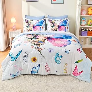 7 Piece Butterfly Comforter Set Full Size 3D Colorful Floral Butterflies Bedding Set for Kids Girls Women for Birthday
