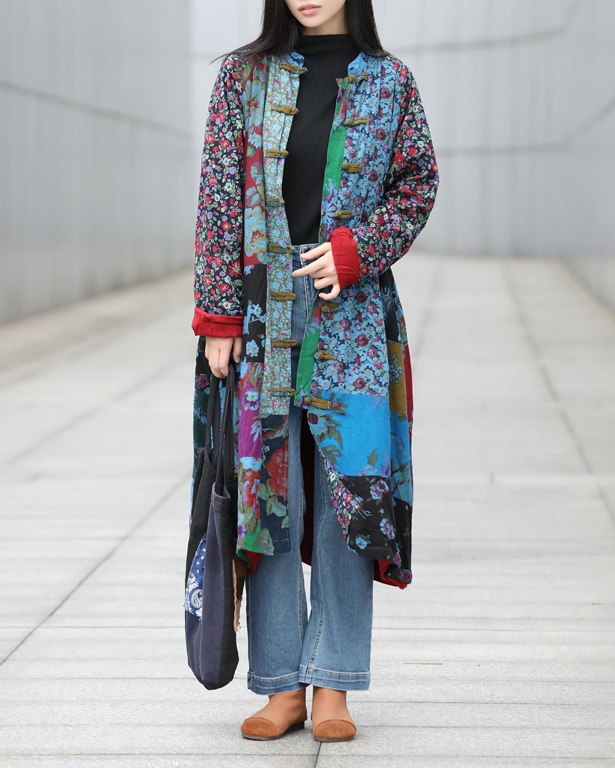 Women's Cotton Linen Printed Long Jacket with Unique Patchwork Cottagecore Style Casual Spring and Autumn Wear - Image 5